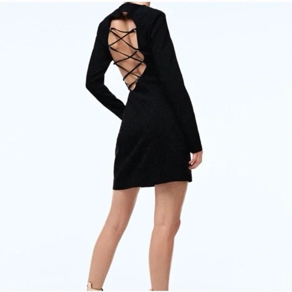 ZARA NWT Black Open Back Tall length Lace Up Strappy Long Sleeve Mini Dress - Picture 2 of 11